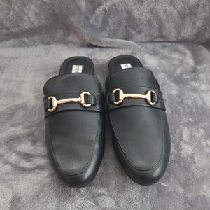 Black Leather Loafers with Gold Buckle